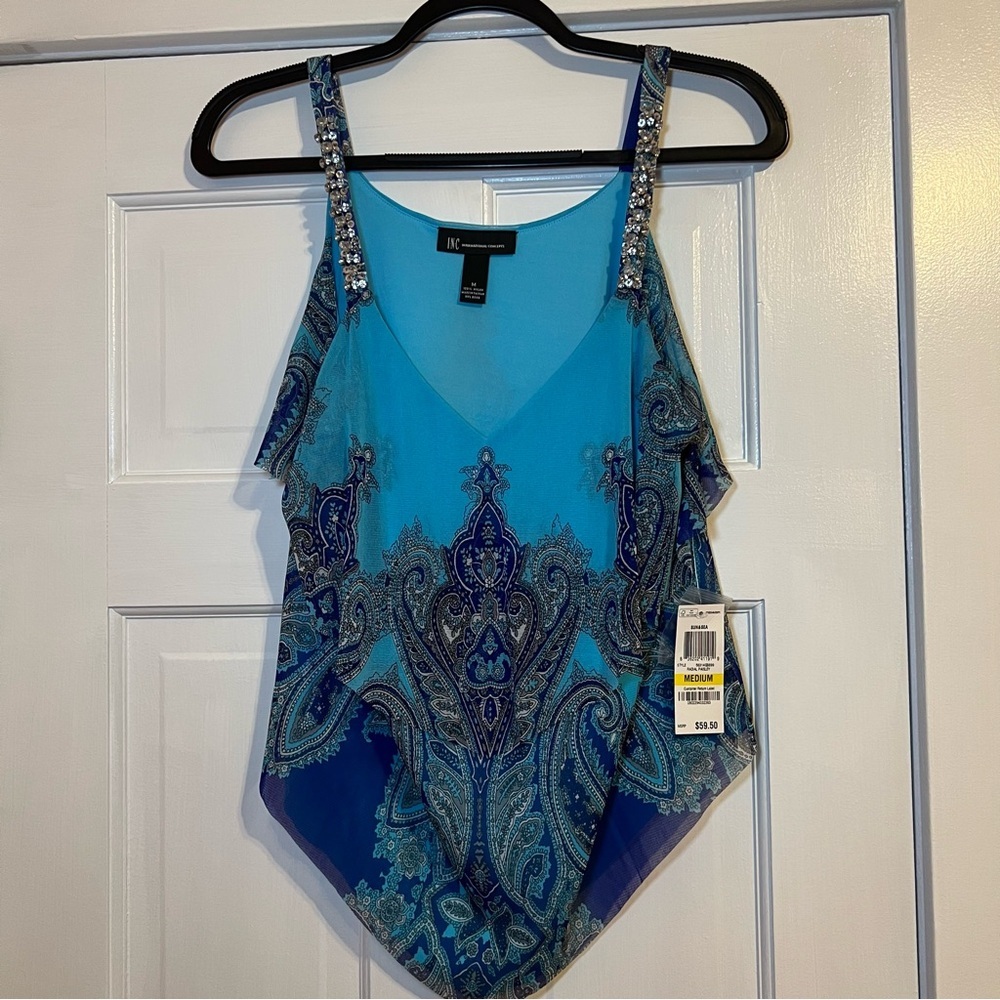 #91 INC INTERNATIONAL CONCEPTS BLUE PAISLEY EMBELLISHED TOP MEDIUM